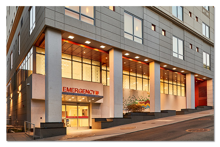 Chinese Hospital San Francisco new patient tower, emergency department entrance, night view