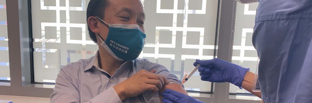 David Chiu getting his first vaccination at Chinese Hospital San Francisco.