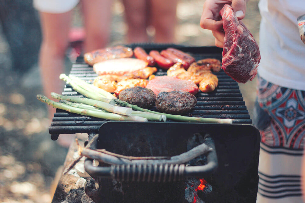 Barbeque image with steak, asparagus, sausages, hamburger steak, chicken