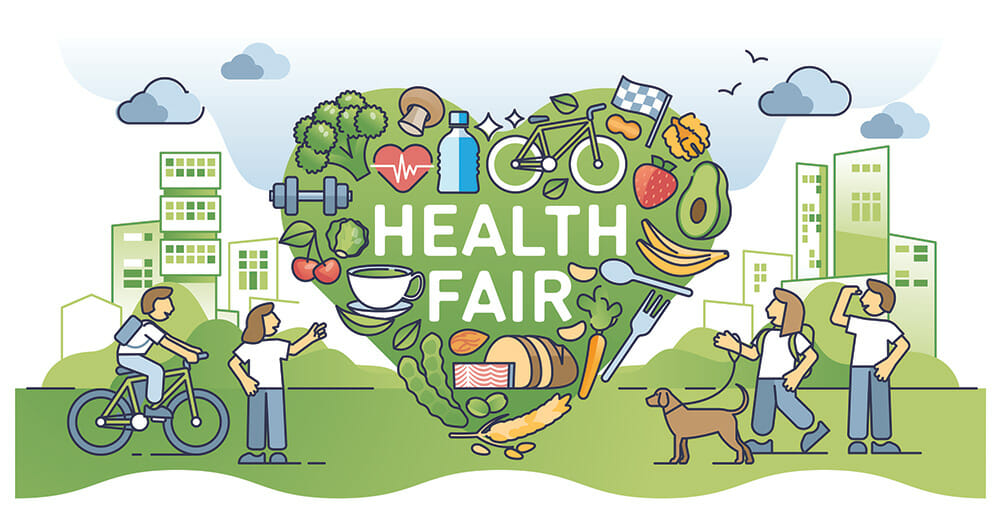 Community health fair as social campaign for body wellness outline concept. Health awareness with dietary eating and sport activities for vitality vector illustration. Exercise for heart welfare.